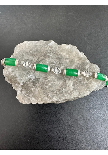Yeşim Taşlı Gümüş Genç Kız Bileklik 925 Ayar 8,56 Gram 18 Cm