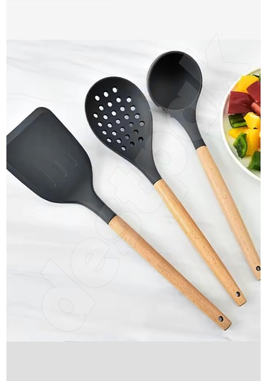 Siyah 11'li Bambu Saplı Silikon Servis Seti - Kepçe, Kevgir