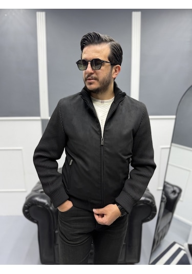 Avni Ceylan Erkek Nubuk Triko Kol Detaylı Slim Fit Mont Siyah
