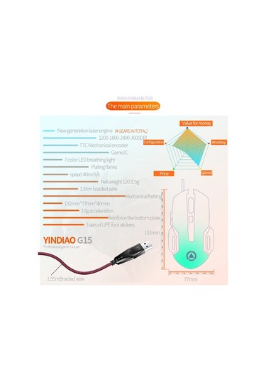 Cbtx Yındıao G15 Ayarlanabilir DPI 6 Tuşlu USB Kablolu Mekanik Oyuncu Mouse