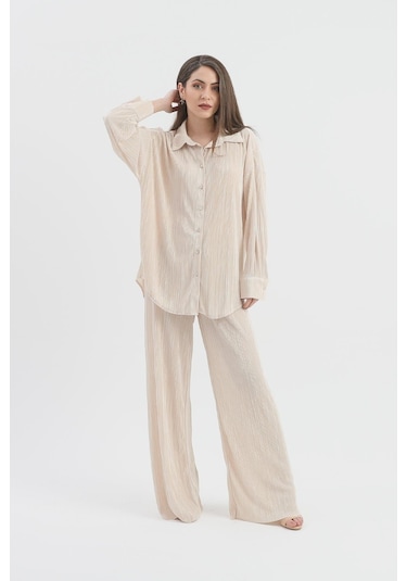 Düğme Detaylı Örme Pilise Takım - Bej-bej Bej