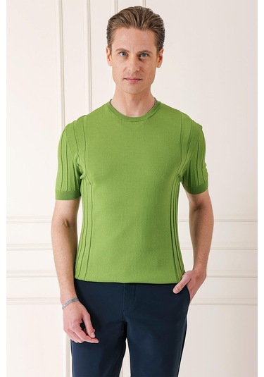 Slim Fit Bisiklet Yaka Kısa Kol Yeşil Triko Tr 869 Yeşil