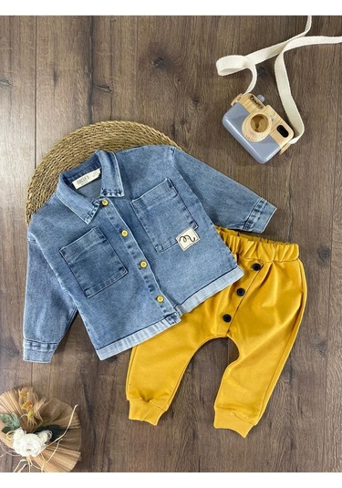 Çift Cep Kot Gömlek Düğme Detaylı Likralı Pantolon Mevsimlik Erkek Bebek Takım Sari