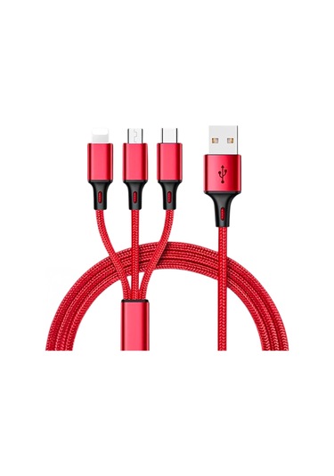 Hasır, 3 İn 1, Şarj Kablosu, Lightning & Micro Usb, Type-c, Ios, - Kırmızı