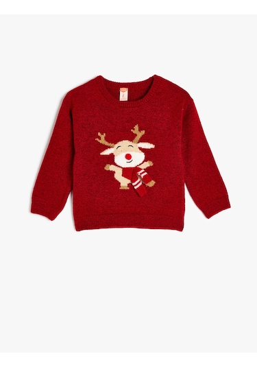 Koton Geyik Desenli Uzun Kollu Bisiklet Yaka Triko Kazak Kırmızı 5wmg90002ht Kırmızı