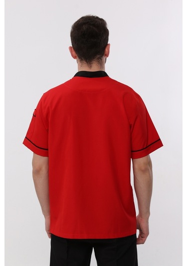 Uniprom Kısa Kollu Aşçı Ceketi Önlük Nakışlı Cepli Şef, Garson Kırmızı