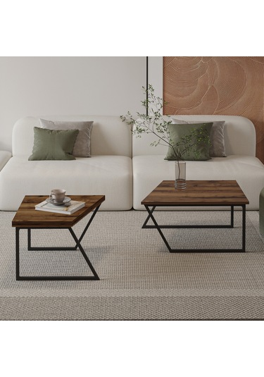 Verona İkili Orta Sehpa Modern Tasarım Metal Ayaklı Sehpa Seti Antik Ceviz