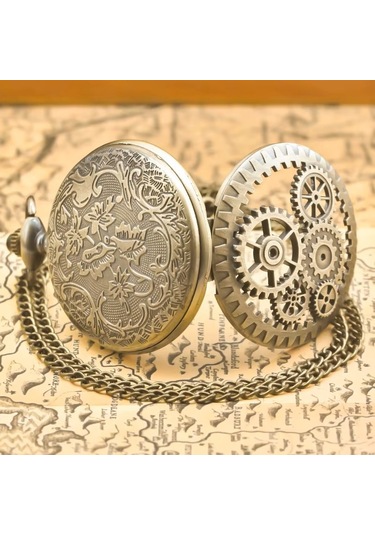 Vintage Köstekli Çarklı İşlemeli Bronz Cep Saati