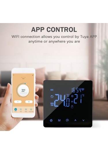 Tenfowee Siyah Wifi Akıllı Elektronik Isıtıcı Termostati - Lcd Dokunmatik Ekran, Uygulama Kontrolü, Haftalık Programlama, 16a