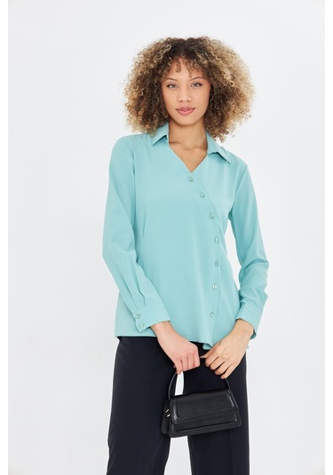 Asimetrik Pile Detay Gömlek Mint Yeşili Mint Yeşili