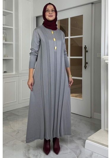 Yaprak Triko Elbise Gri Normal