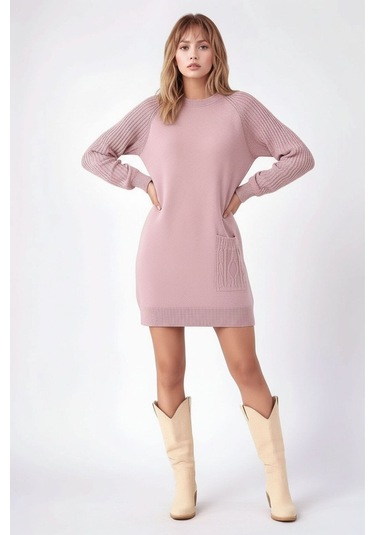 Kadın Kolları Uzun Kendinden Dokulu Bisiklet Yaka Tunik Boy Şık Kışlık Triko Büyük Beden Kazak Pembe
