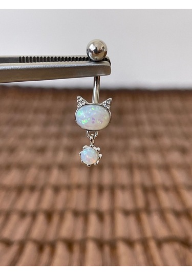 316 L Cerrahi Çelik Anti Alerjik 10 Mm Opal Taşlı Sallantılı Kedi Model Göbek Piercingi Opal Gümüş