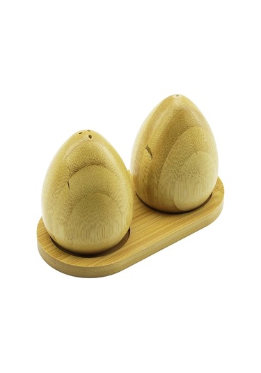 2 Pcs - Yumurta Modeli Ahşap Bambu Tuzluk - Baharatlık Ahşap Standlı 5365 Çok Renkli