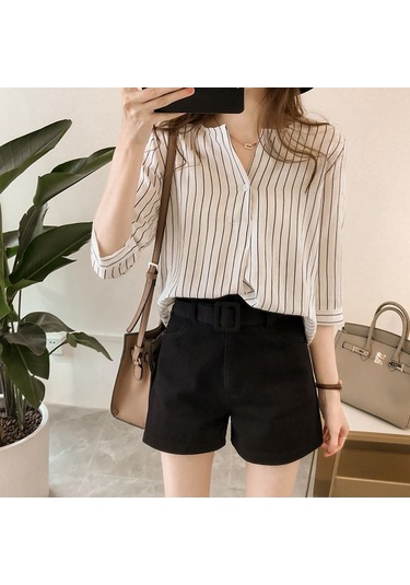 3/4 Kol Çizgili Gömlek Beyaz