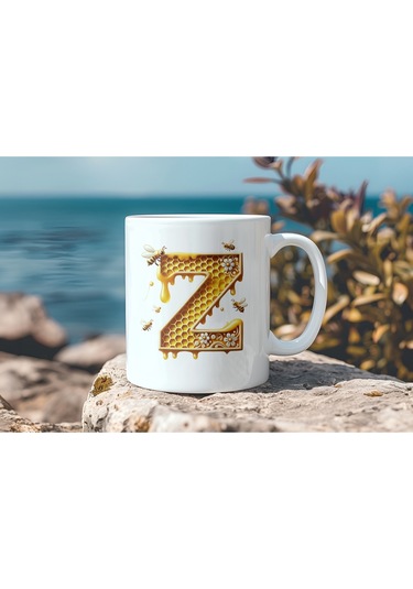 Z Harfi Bal Arısı Tasarım Kupa Bardak - Bal Ve Petek Desenli Kişiye Özel Kahve Kupası - Hediyelik Beyaz