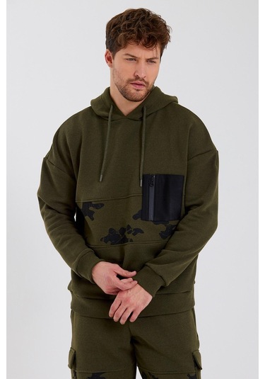 Polostate Erkek Kamuflaj Baskılı Kapüşonlu Sweatshirt Haki