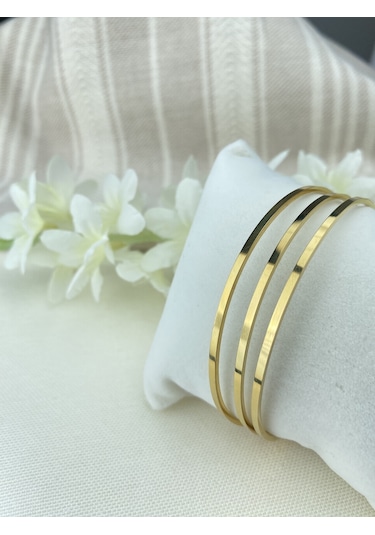 Çelik Bilezik Köşeli Ajda Model Üçlü Yüksek Kalite 316 L Paslanmaz Çelik Bileklik 22 Cm Gold