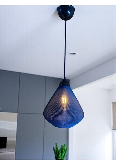 Amberis Keten Dokuma Görünümlü Modern Sarkıt Avize Rustik Ampul Hediyeli Lacivert