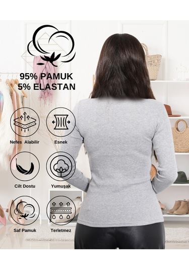 Pamuklu Kaşkorse V Yaka Body Sweatshirt, Fitilli Kumaş Likralı Bluz, Asker Yeşili Badi Gri Melanj