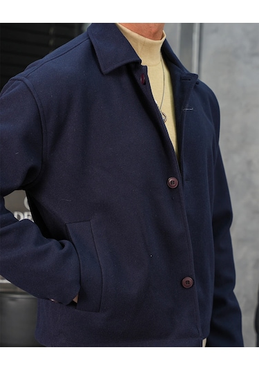 Modefendi Orta Slim Fit Düğme Detaylı Kaşmir Kaban Lacivert