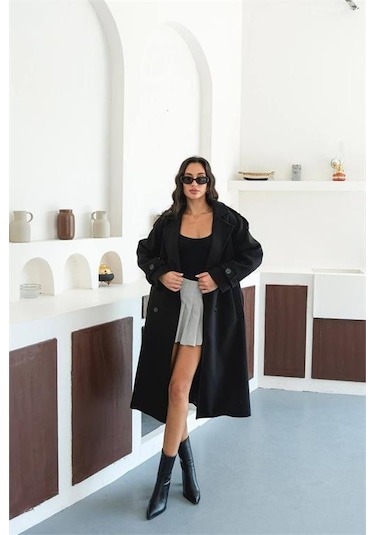 Neşeli Butik Kadın Omuz Detaylı Siyah Kaşe Kaban Nbmylk34 Siyah