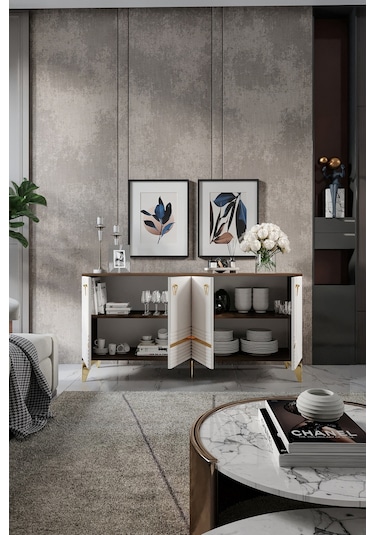 ART KONSOL MDF MEBRAN KAPAK CEVİZ KREM GOLD