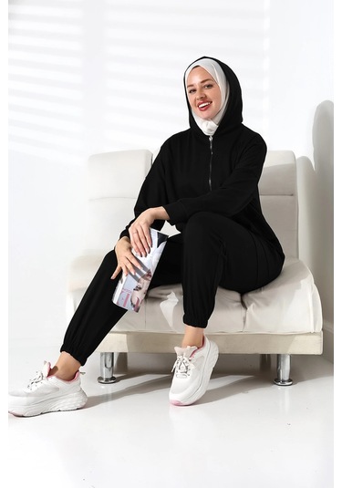 Kadın Mevsimlik Alt Üst Rahat Siyah Spor Ikili Tunik Pantolon Şık Tesettür Takım Siyah