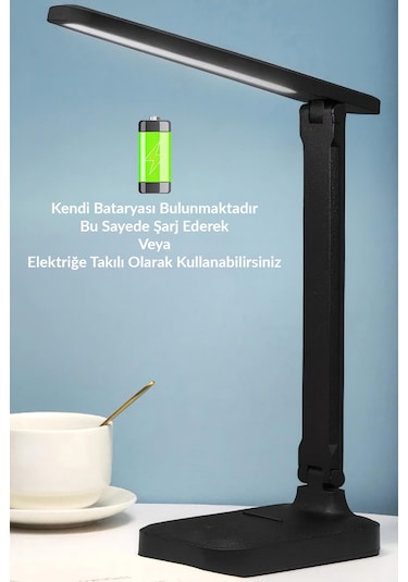 Şarjlı Masa Lambası 3 Renk Dokunmatik Telefon Standlı Kademeli Çalışma Okuma Işığı Lambası 9w Siyah Siyah