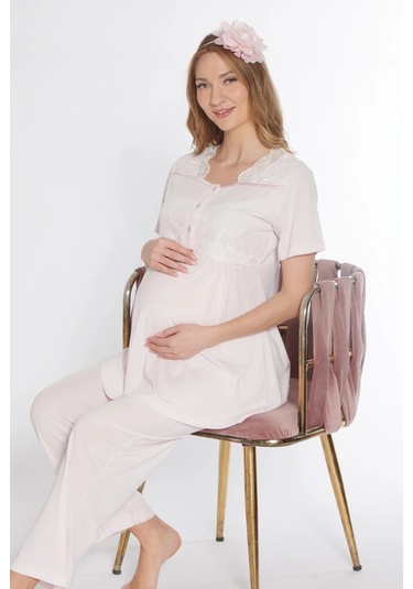 Lohusa Hamile Dantel Detaylı Kısa Kol Pijama Takımı Emzirme Hastane Çıkışı Flz 24-73