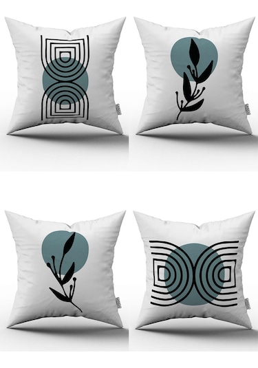 Mavi Siyah Dekoratif Soyut Yaprak Desenli Dijital Baskılı Kırlent Yastık Kılıfı Seti 4kmbs124