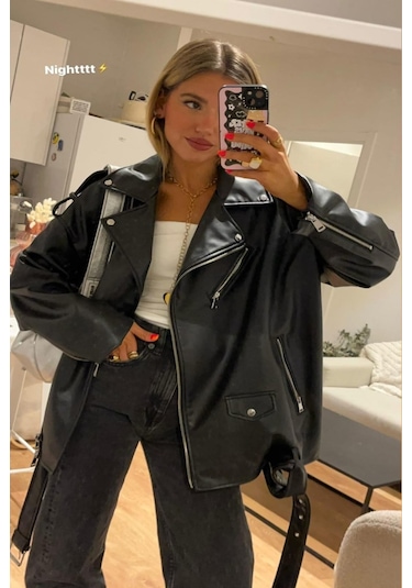 Prifaldi Oversize Uzun Kadın Deri Ceket Siyah