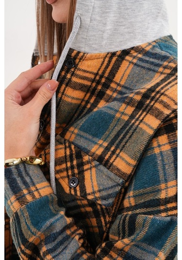 Kadın Desenli Renkli Oduncu Oversize Bol Ve Geniş Kalıp Casual Çift Kapüşonlu Ceket Gömlek Kahverengi - Mavi