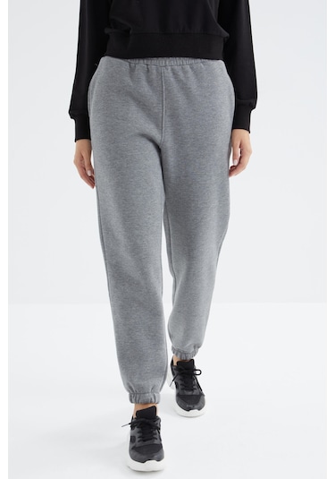 Tommy Life Gri Melanj Yüksek Bel Şardonlu 3 İplik Pamuklu Basic Kadın Eşofman Alt - 94624 GRİ MELANJ