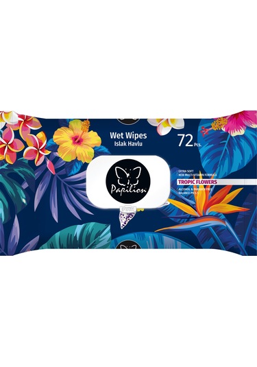 Papilion Tropik Çiçekler Islak Havlu Mavi 72'Li