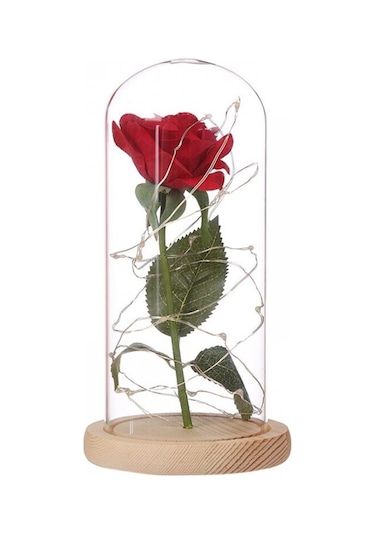 Cam Fanus İçerisinde Dekoratif Led Işıklı Solmayan Gül Lamba