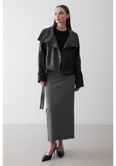 Siyah Düğmeli Kuşaklı Deri Ceket - 509261 Siyah