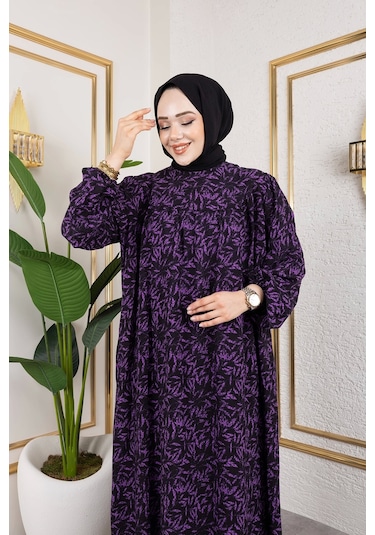 Nevayla Moda Robalı Desenli Viskon Elbise - Mor / E0126 Mor