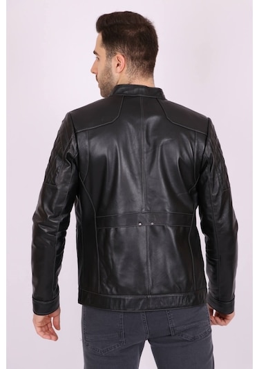 Erkek Siyah Hakiki Deri Hakim Yaka Omuzları Baklava Dikişli Spor Mont