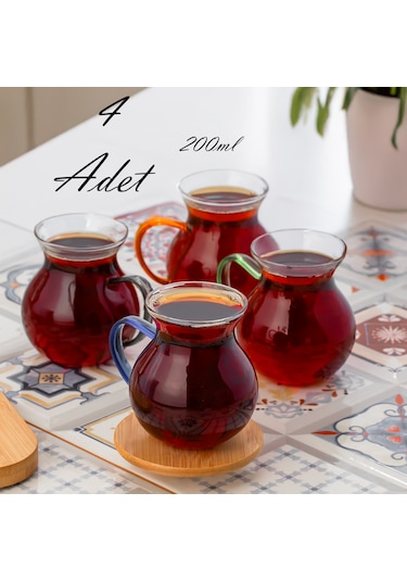 Porsima Lm-0035 Ehli Keyf 4 Parça Çay Seti Kulplu Bardak Takımı Çok Renkli