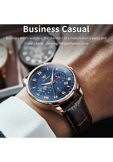 Olevs 2893 Erkekler Çok Fonksiyonlu İş Kuvars Saati Kahverengi + Mavi