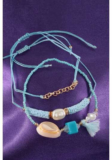 3lü Deniz Kabuğu İncili Boncuklu Püsküllü Asansörlü Lastikli İp Bileklik. Kadın İp Bileklik Halhal Çok Renkli