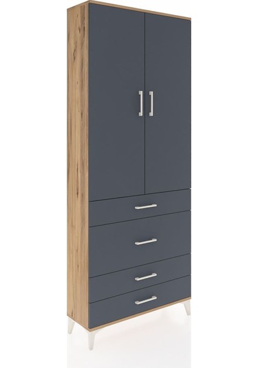 Arges Dolap 2 Raflı 4 Çekmeceli Tek Askılı 88x30x221 Çam-antrasit Atlas Çam