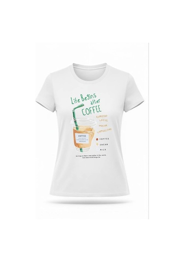 Kadın Beyaz Coffee Baskılı %100 Pamuk Tişört Beyaz