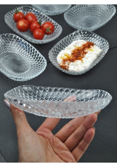 6'lı Cam Kase Sunum Kayık Tabak Meze Tabağı Çerezlik 15cm-vera