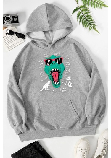 T - Rex Baskılı Sweatshirt Gri