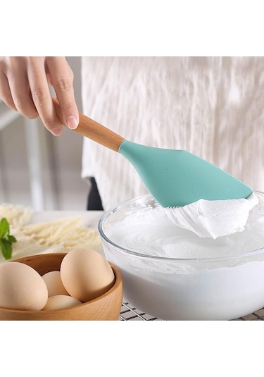Yeşil Yeşil Silikon Mutfak Pişirme Gereçleri Seti Yapışmaz Tencere Spatula Kürek Yumurta Çırpıcı Ahşap Saplı Mutfak Alet Seti 4pcs Yeşil