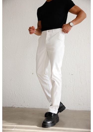 Braccas Erkek Armürlü Slim Fit Beyaz Pantolon Beyaz