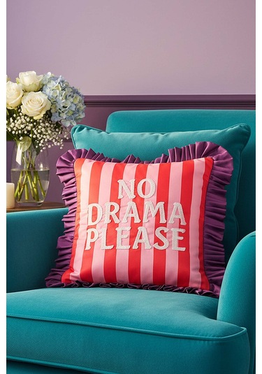 No Drama Please Nakışlı Dekoratif Kırlent Kılıfı Pembe