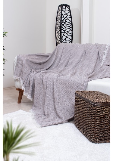 Pamuklu Zikzak Desenli Püsküllü Koltuk Örtüsü 170x210 Cm Dekoratif Ve Çok Amaçlı Kahverengi
